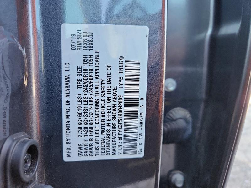 2019 Honda Ridgeline მანქანა იყიდება აუქციონზე, vin: 5FPYK3F51KB042089, აუქციონის ნომერი: 60484086