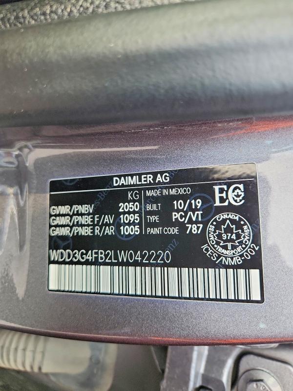 59218726 :رقم المزاد ، WDD3G4FB2LW042220 vin ، 2020 Mercedes-benz A مزاد بيع
