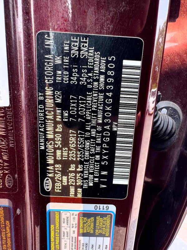 61528446 :رقم المزاد ، 5XYPGDA30KG439805 vin ، 2019 Kia Sorento مزاد بيع