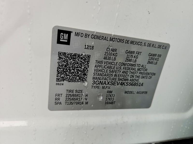 Продаж на аукціоні авто 2019 Chevrolet Equinox, vin: 3GNAXSEV4KS568514, номер лоту: 62592226