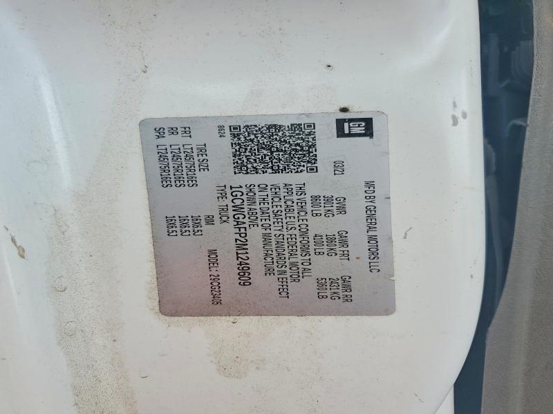 2021 Chevrolet Express G2500 მანქანა იყიდება აუქციონზე, vin: 1GCWGAFP2M1249609, აუქციონის ნომერი: 60037736