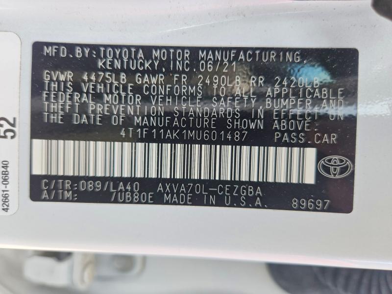 2021 Toyota Camry მანქანა იყიდება აუქციონზე, vin: 4T1F11AK1MU601487, აუქციონის ნომერი: 61609206