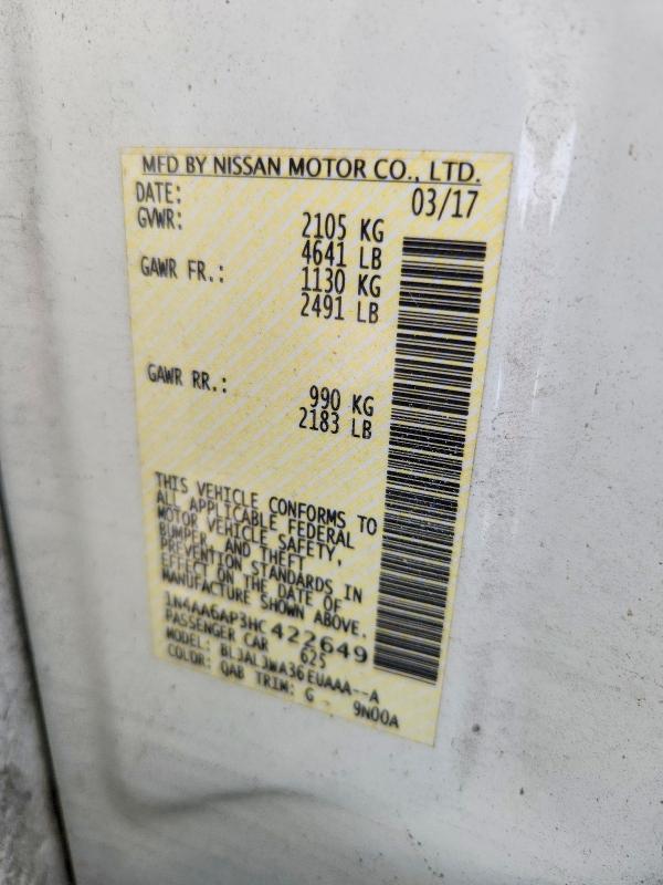 2017 Nissan Maxima მანქანა იყიდება აუქციონზე, vin: 1N4AA6AP3HC422649, აუქციონის ნომერი: 60172876