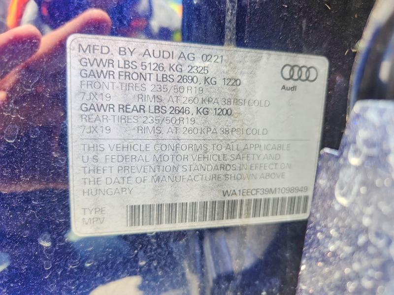 63486276 :رقم المزاد ، WA1EECF39M1098949 vin ، 2021 Audi Q3 مزاد بيع