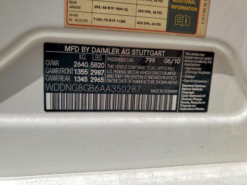 60372786 :رقم المزاد ، WDDNG8GB6AA350287 vin ، 2010 Mercedes-benz S مزاد بيع