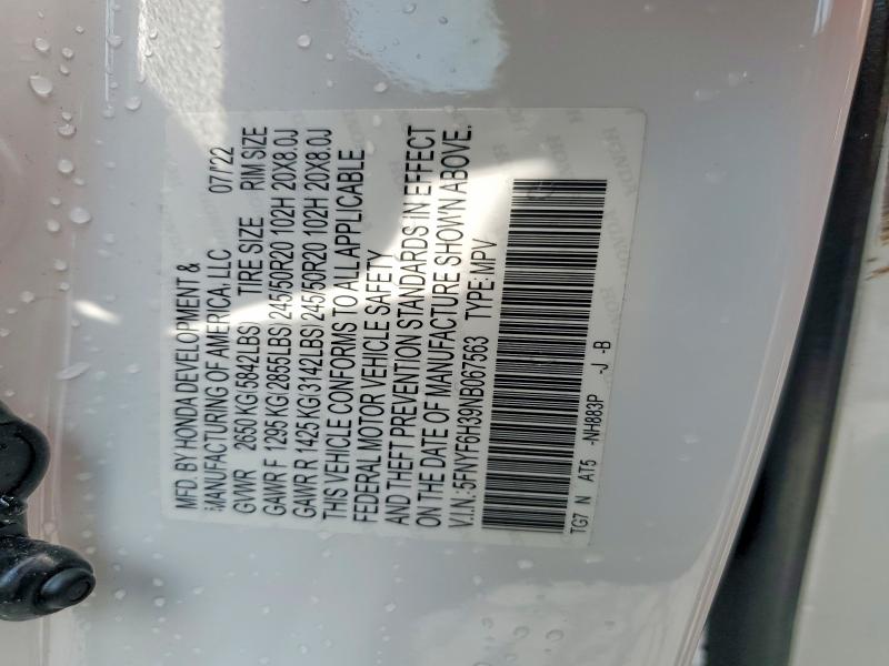 62425566 :رقم المزاد ، 5FNYF6H39NB067563 vin ، 2022 Honda Pilot مزاد بيع