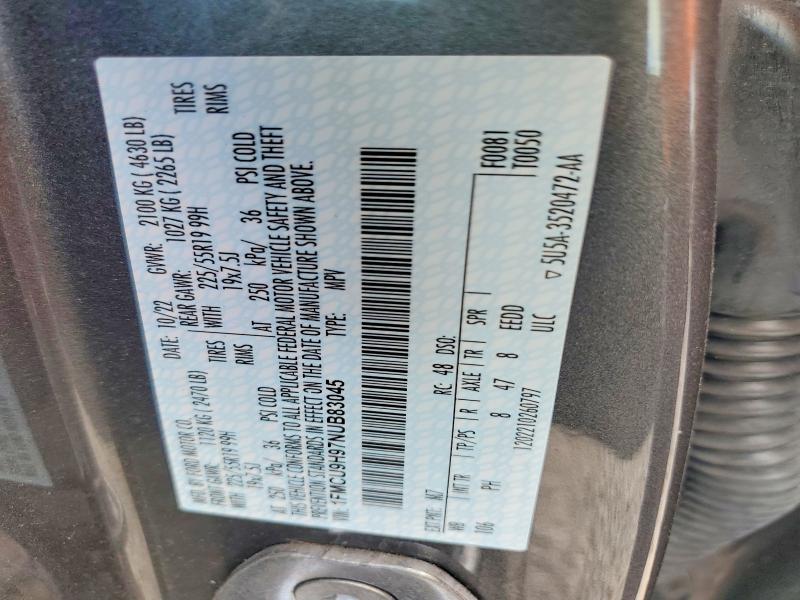 2022 Ford Escape მანქანა იყიდება აუქციონზე, vin: 1FMCU9H97NUB83045, აუქციონის ნომერი: 61603096