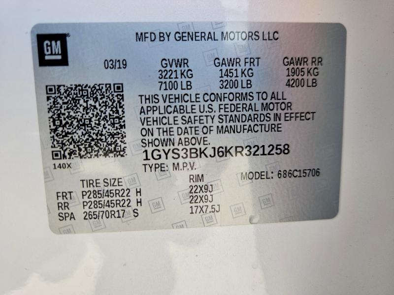 61748116 :رقم المزاد ، 1GYS3BKJ6KR321258 vin ، 2019 Cadillac Escalade مزاد بيع