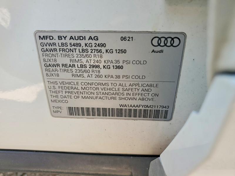 Aukcja sprzedaży 2021 Audi Q5, vin: WA1AAAFY0M2117943, numer aukcji: 60766476