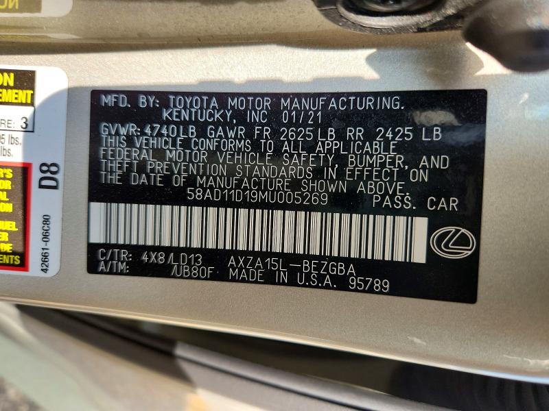 Продаж на аукціоні авто 2021 Lexus Es 250, vin: 58AD11D19MU005269, номер лоту: 61029436