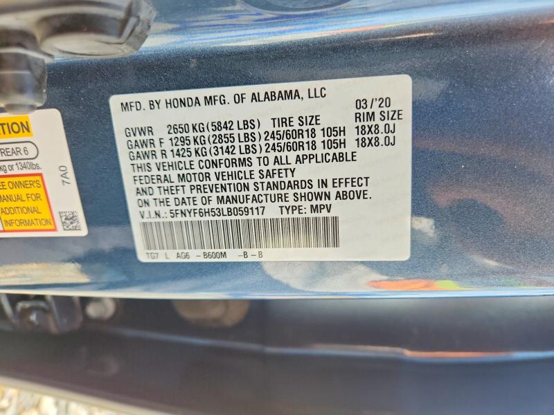 2020 Honda Pilot მანქანა იყიდება აუქციონზე, vin: 5FNYF6H53LB059117, აუქციონის ნომერი: 60094346