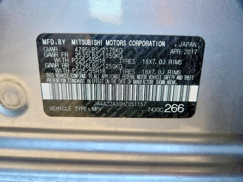 2017 Mitsubishi Outlander მანქანა იყიდება აუქციონზე, vin: JA4AZ2A30HZ051157, აუქციონის ნომერი: 60835886