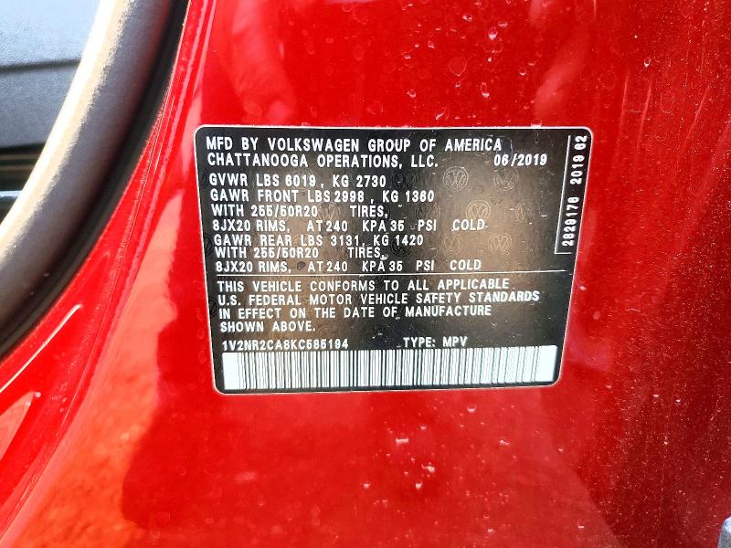 85447915 :رقم المزاد ، 1V2NR2CA8KC585194 vin ، 2019 Volkswagen Atlas مزاد بيع