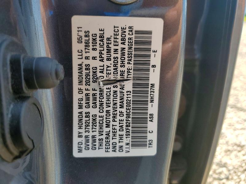 Продажа на аукционе авто 2012 Honda Civic, vin: 19XFB2F98CE002113, номер лота: 85986815