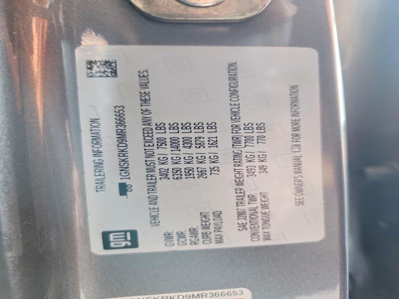63340956 :رقم المزاد ، 1GNSKRKD9MR366653 vin ، 2021 Chevrolet Tahoe مزاد بيع