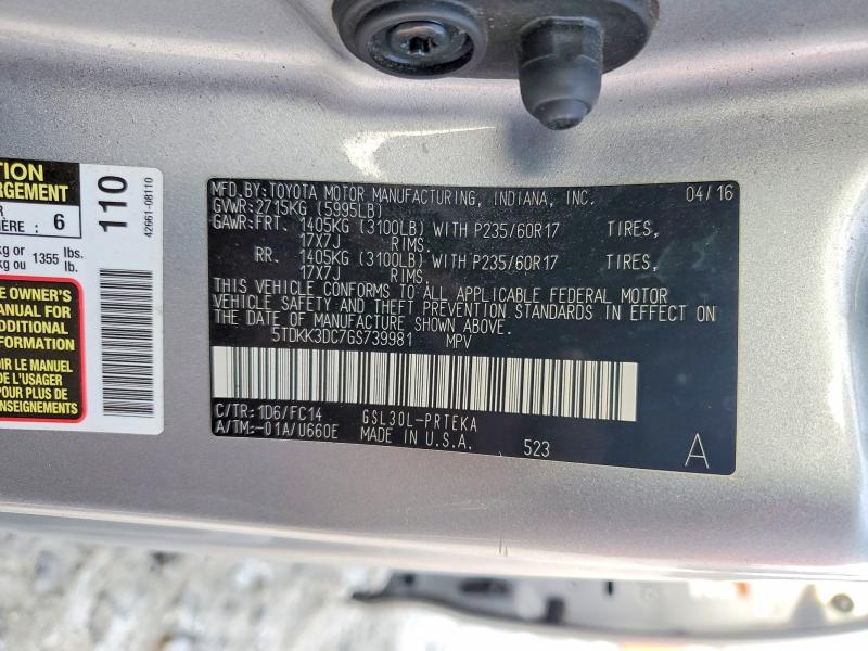63500096 :رقم المزاد ، 5TDKK3DC7GS739981 vin ، 2016 Toyota Sienna مزاد بيع