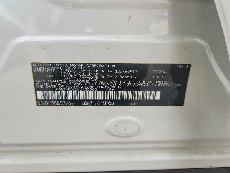 Aukcja sprzedaży 2017 Toyota Rav4, vin: JTMZFREV2HJ120502, numer aukcji: 60029756