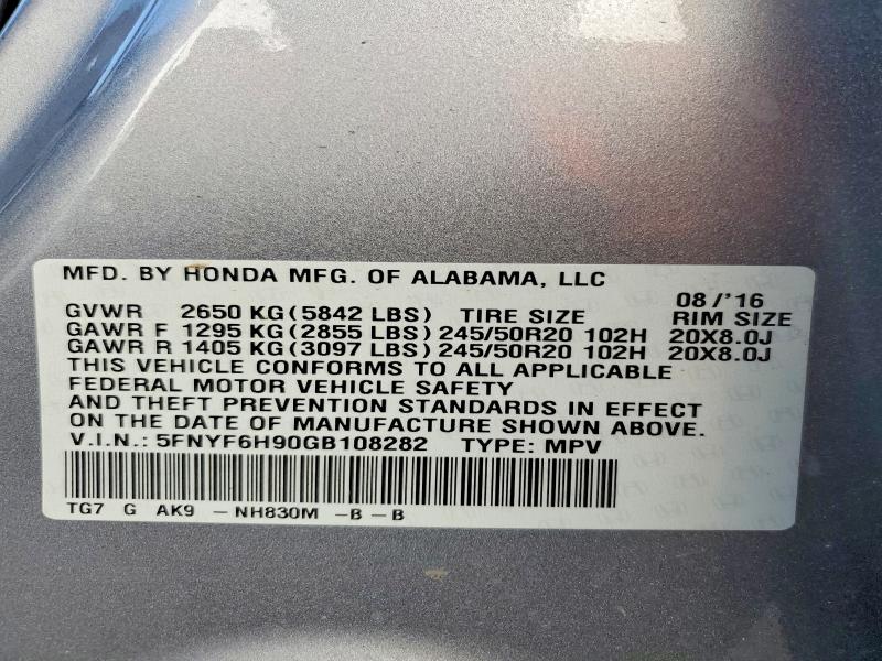Aukcja sprzedaży 2016 Honda Pilot, vin: 5FNYF6H90GB108282, numer aukcji: 59972206
