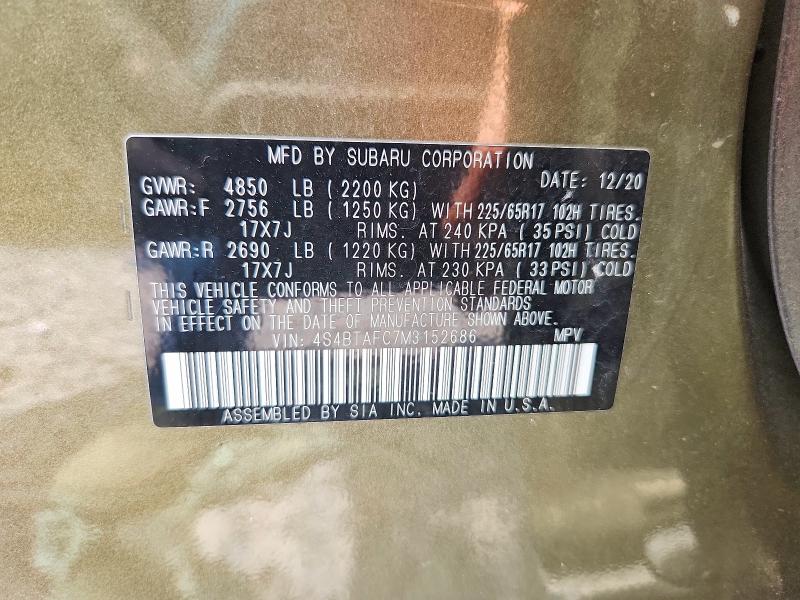 Aukcja sprzedaży 2021 Subaru Outback, vin: 4S4BTAFC7M3152686, numer aukcji: 58726516