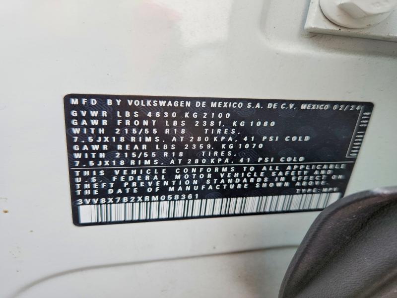 2024 Volkswagen Taos მანქანა იყიდება აუქციონზე, vin: 3VV8X7B2XRM058361, აუქციონის ნომერი: 63033056