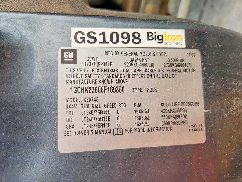 61302586 :رقم المزاد ، 1GCHK23608F169386 vin ، 2008 Chevrolet Silverado مزاد بيع