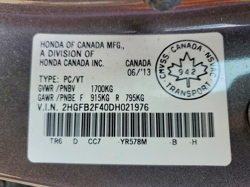 Продаж на аукціоні авто 2013 Honda Civic, vin: 2HGFB2F40DH021976, номер лоту: 61300866