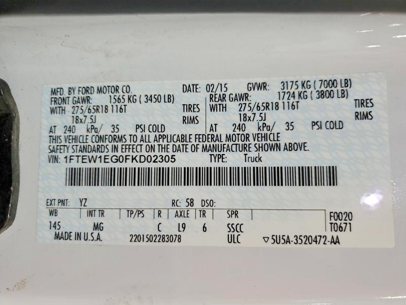 2015 Ford F150 მანქანა იყიდება აუქციონზე, vin: 1FTEW1EG0FKD02305, აუქციონის ნომერი: 60897026