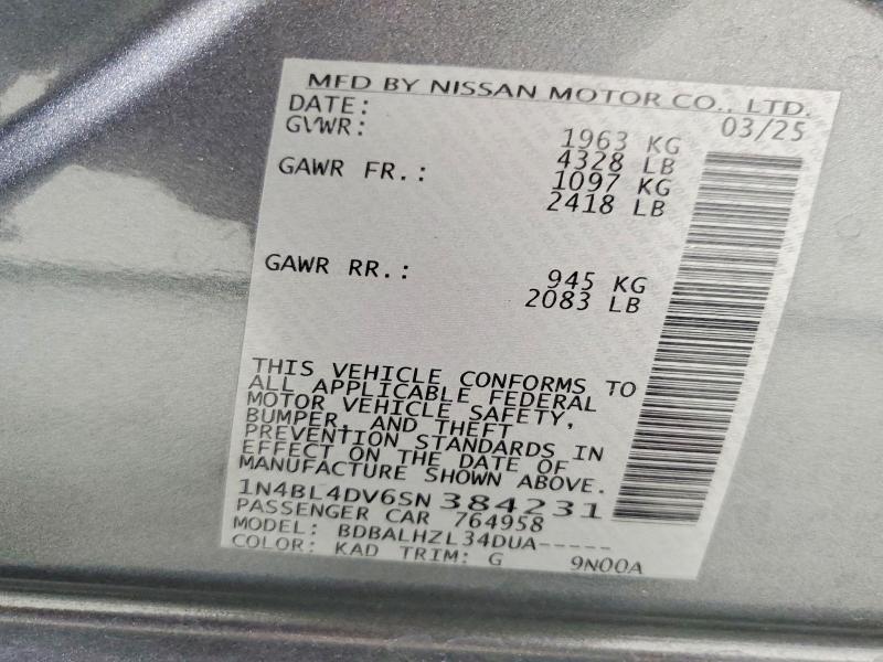 2025 Nissan Altima მანქანა იყიდება აუქციონზე, vin: 1N4BL4DV6SN384231, აუქციონის ნომერი: 59691276