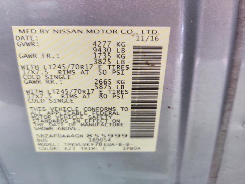 2016 Nissan Nv მანქანა იყიდება აუქციონზე, vin: 5BZAF0AA4GN855999, აუქციონის ნომერი: 61771986