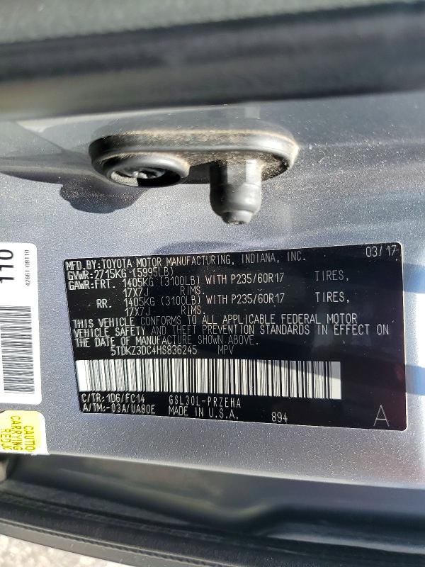 2017 Toyota Sienna მანქანა იყიდება აუქციონზე, vin: 5TDKZ3DC4HS836245, აუქციონის ნომერი: 61557026