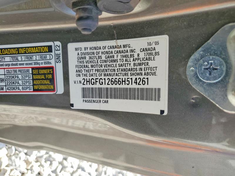 Aukcja sprzedaży 2006 Honda Civic, vin: 2HGFG12666H514261, numer aukcji: 62524166