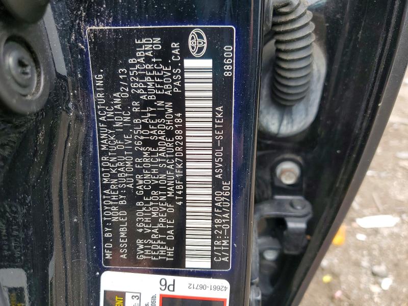 60319656 :رقم المزاد ، 4T4BF1FK7DR288184 vin ، 2013 Toyota Camry مزاد بيع