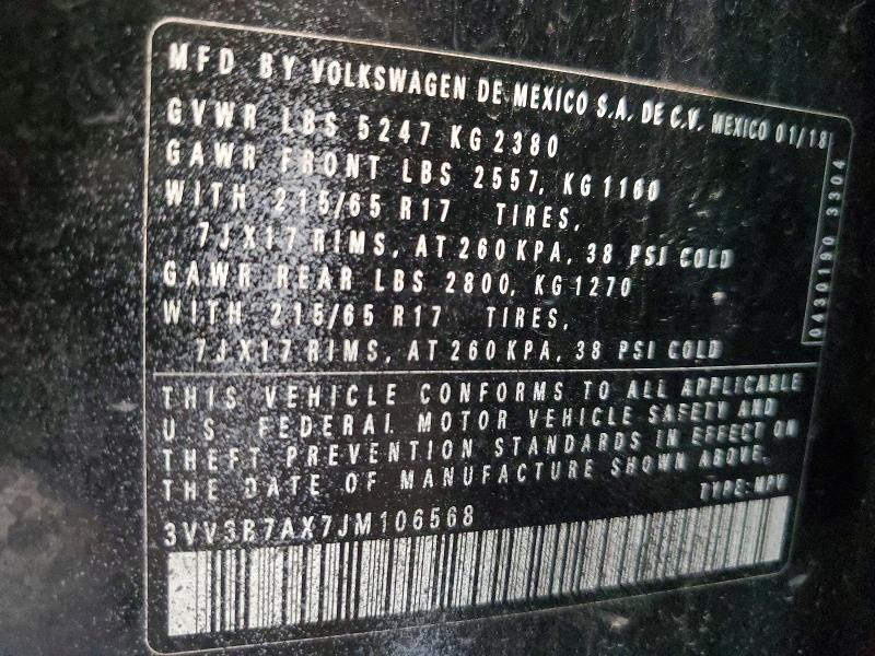 Продажа на аукционе авто 2018 Volkswagen Tiguan, vin: 3VV3B7AX7JM106568, номер лота: 61582416