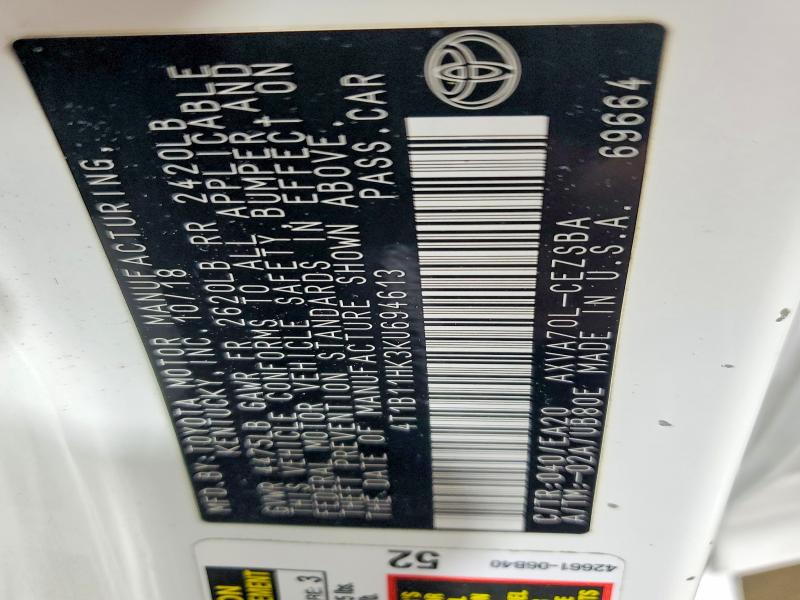 61229676 :رقم المزاد ، 4T1B11HK3KU694613 vin ، 2019 Toyota Camry مزاد بيع