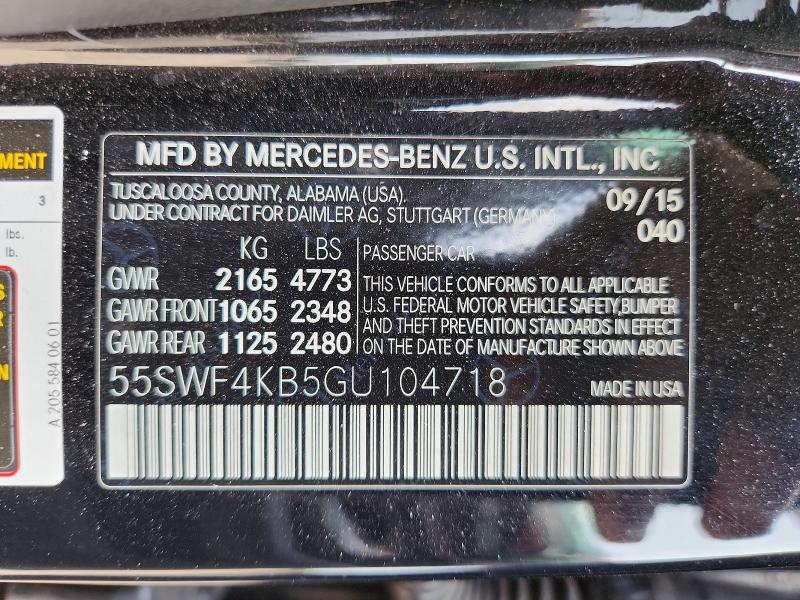 2016 Mercedes-benz C მანქანა იყიდება აუქციონზე, vin: 55SWF4KB5GU104718, აუქციონის ნომერი: 62712376