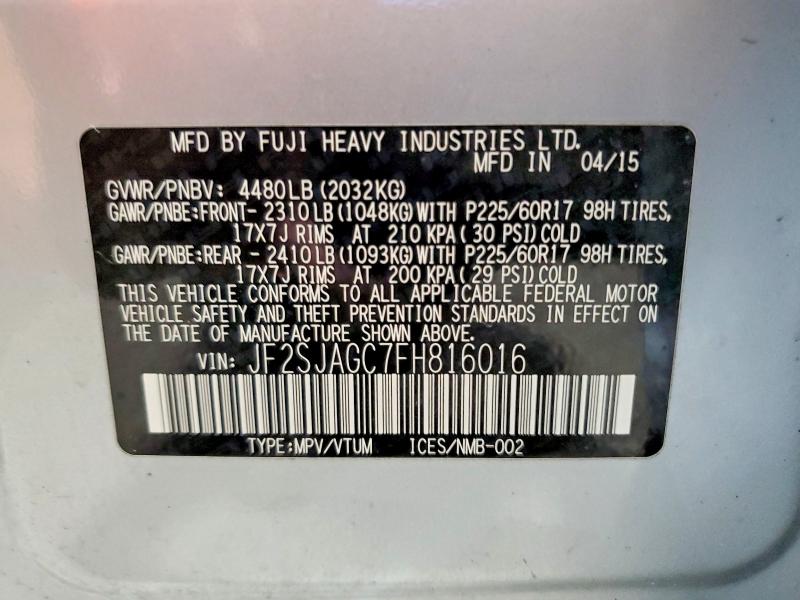 Aukcja sprzedaży 2015 Subaru Forester, vin: JF2SJAGC7FH816016, numer aukcji: 62524006