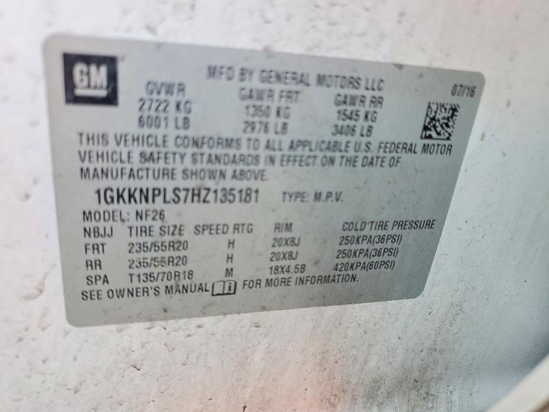 61514116 :رقم المزاد ، 1GKKNPLS7HZ135181 vin ، 2017 Gmc Acadia مزاد بيع