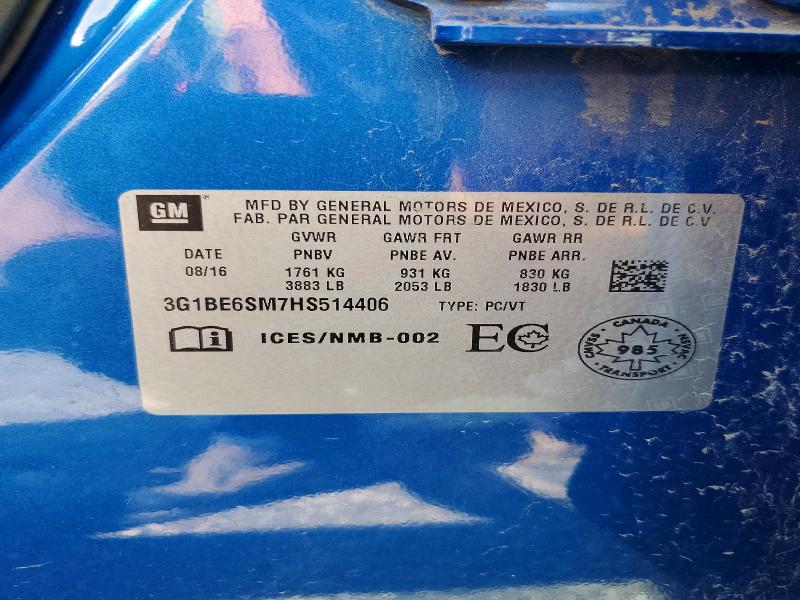 2017 Chevrolet Cruze მანქანა იყიდება აუქციონზე, vin: 3G1BE6SM7HS514406, აუქციონის ნომერი: 62231026