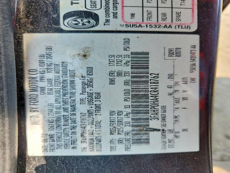 2012 Ford Fusion მანქანა იყიდება აუქციონზე, vin: 3FAHP0HA4CR418762, აუქციონის ნომერი: 61394926