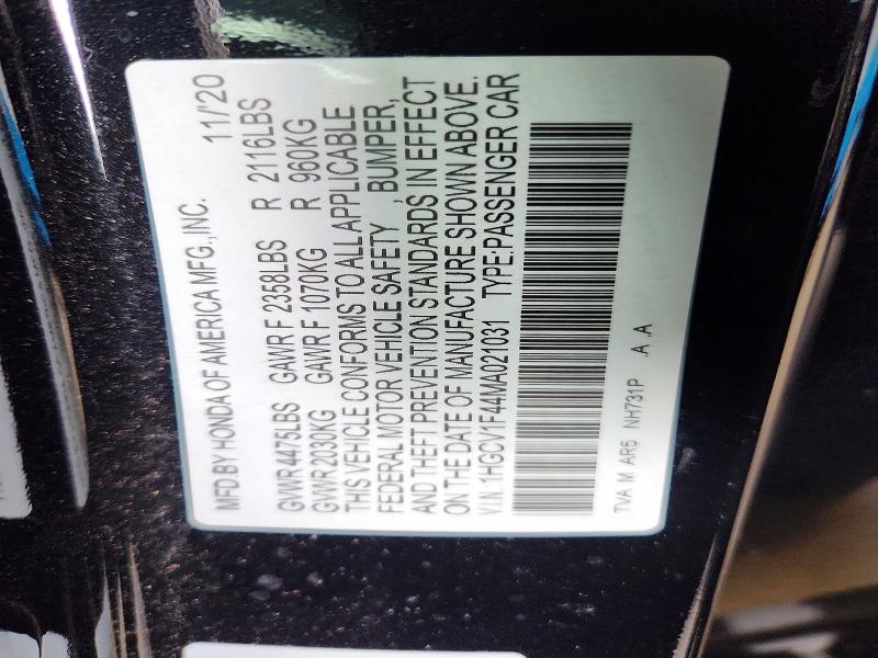 2021 Honda Accord მანქანა იყიდება აუქციონზე, vin: 1HGCV1F44MA021031, აუქციონის ნომერი: 61983476