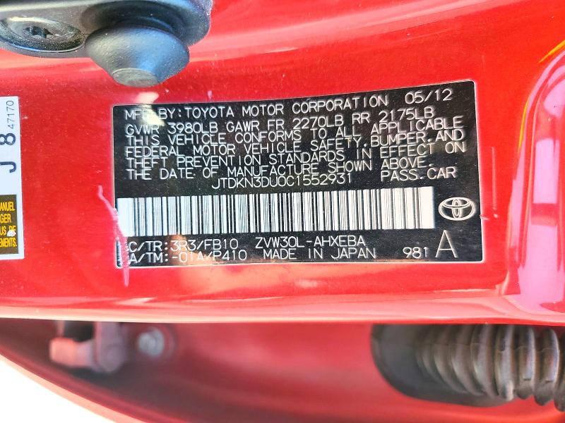 62459846 :رقم المزاد ، JTDKN3DU0C1552931 vin ، 2012 Toyota Prius مزاد بيع