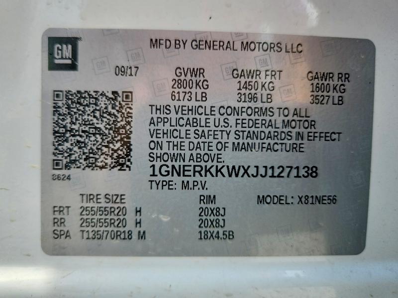 2018 Chevrolet Traverse მანქანა იყიდება აუქციონზე, vin: 1GNERKKWXJJ127138, აუქციონის ნომერი: 59699306