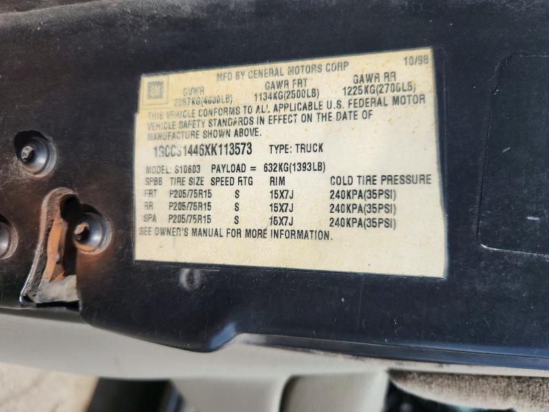 Продажа на аукционе авто 1999 Chevrolet S Truck, vin: 1GCCS1446XK113573, номер лота: 85964755