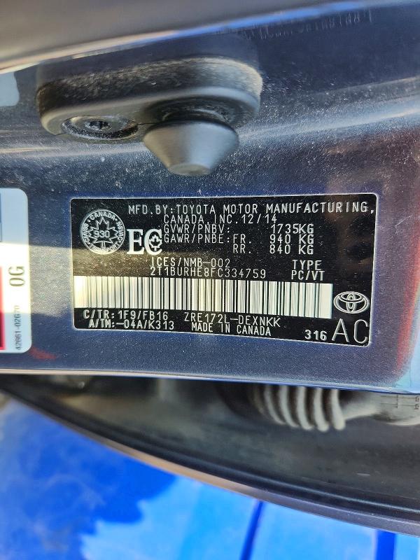 2015 Toyota Corolla მანქანა იყიდება აუქციონზე, vin: 2T1BURHE8FC334759, აუქციონის ნომერი: 60329226