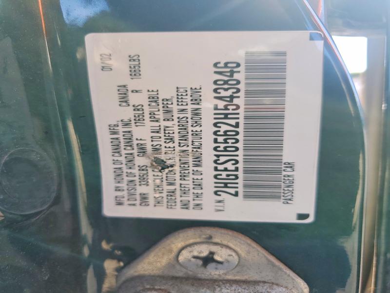 60065696 :رقم المزاد ، 2HGES16562H543846 vin ، 2002 Honda Civic مزاد بيع