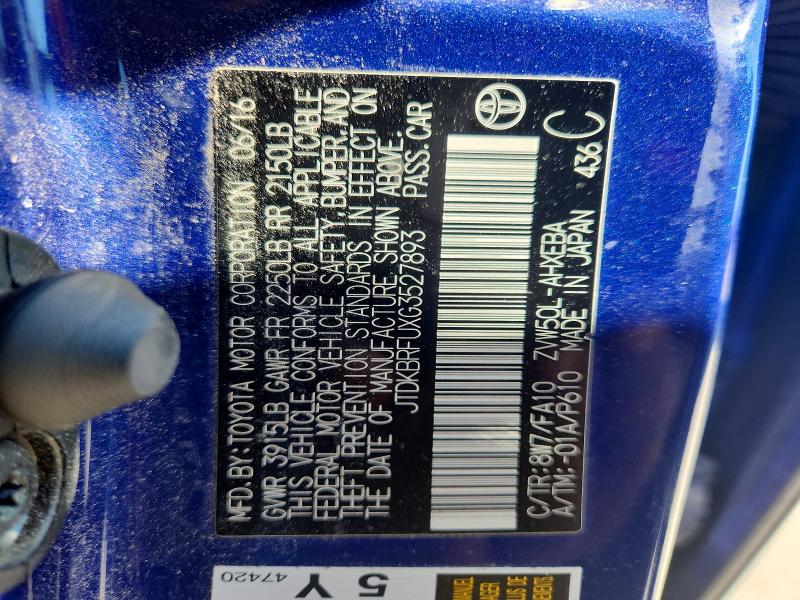 2016 Toyota Prius მანქანა იყიდება აუქციონზე, vin: JTDKBRFUXG3527893, აუქციონის ნომერი: 62854866