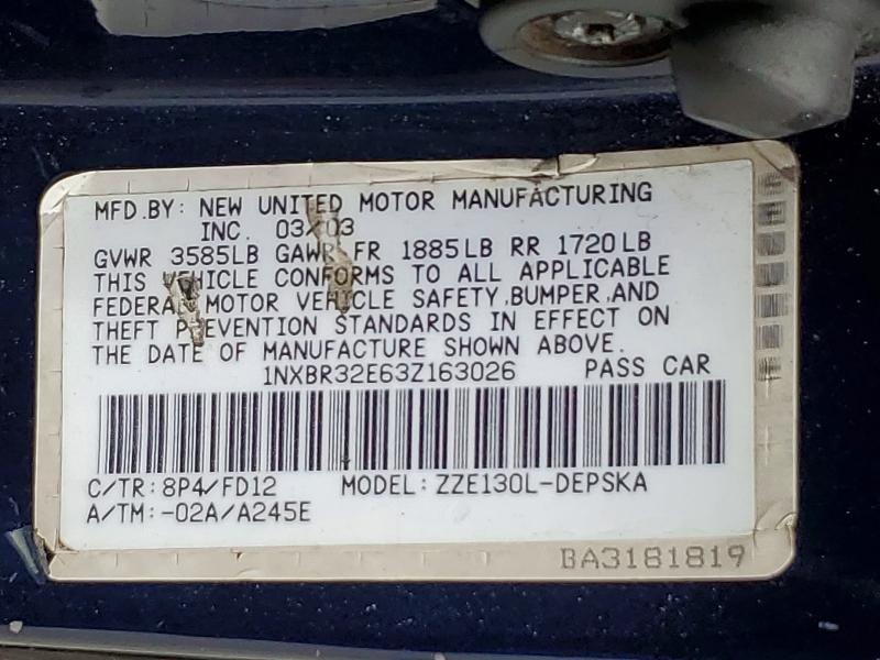 61785576 :رقم المزاد ، 1NXBR32E63Z163026 vin ، 2003 Toyota Corolla مزاد بيع