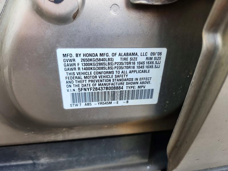 2007 Honda Pilot მანქანა იყიდება აუქციონზე, vin: 5FNYF28437B008884, აუქციონის ნომერი: 62535286