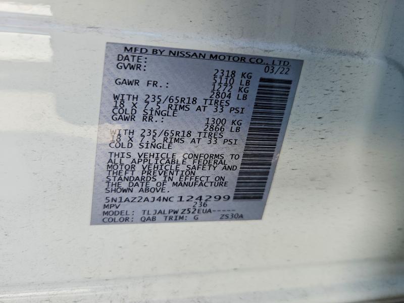 Aukcja sprzedaży 2022 Nissan Murano, vin: 5N1AZ2AJ4NC124299, numer aukcji: 59260626