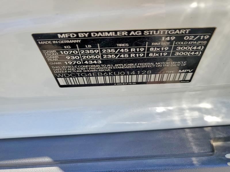 2019 Mercedes-benz Gla მანქანა იყიდება აუქციონზე, vin: WDCTG4EB6KU014128, აუქციონის ნომერი: 61130496
